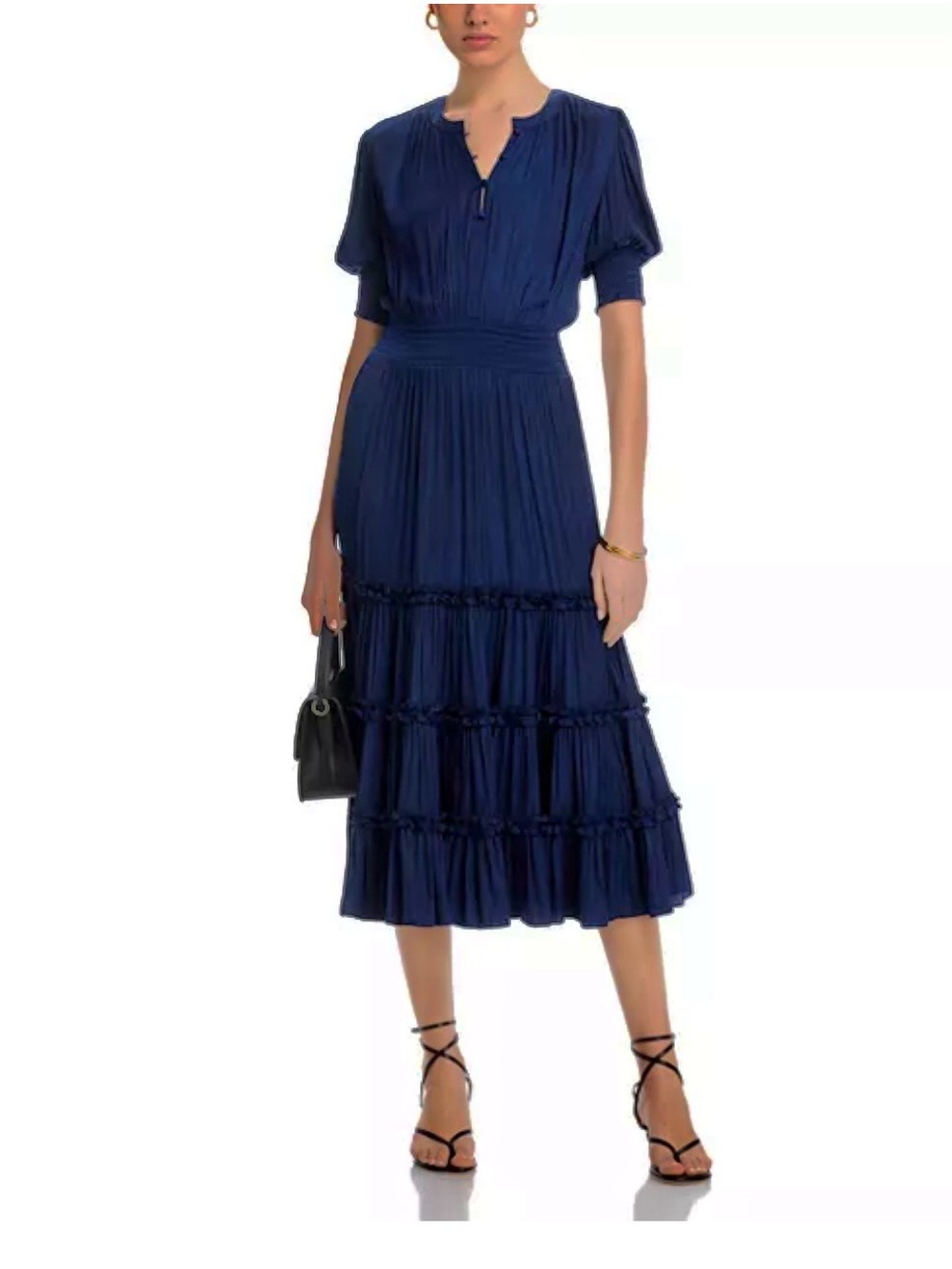 Tahari Navy Tiered Midi Dress with Pleated Bodice